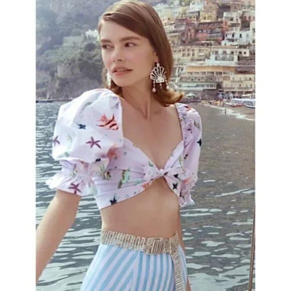 Hill House Isabella Puff Sleeve Crop Top w/Front Tie & Smocking - Sea Creatures